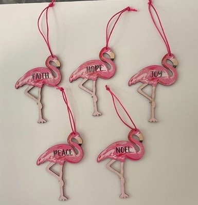 Pink Flamingo Christmas Ornament Set of 5 Faith Hope Joy Peace Noel