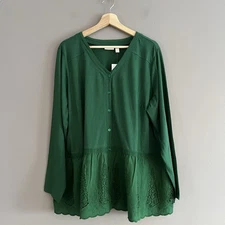LOGO by Lori Goldstein V-Neck Cardigan with Eyelet Peplum Lace Green 1X