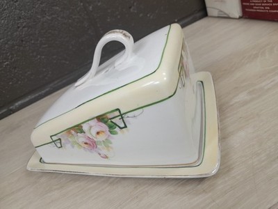 Vtg Nippon Covered Cheese/Butter Dish Hand Painted Roses w/Yellow& Gold Trim 