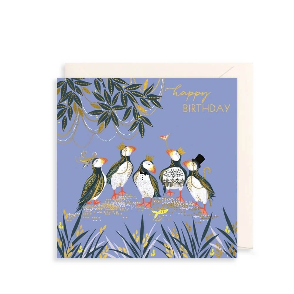 Stylish Birthday Card Puffins Formal Party - Fun Illustrated Greeting Card