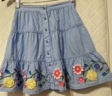 Mini Boden Floral Embroidered Hem Midi Skirt Blue SZ 8-9Y