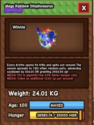 HATCHED RAINBOW MEGA 🌈 DILO Dilophosaurus 24kg MAX LVL 2920XP GROW 🪴 A GARDEN