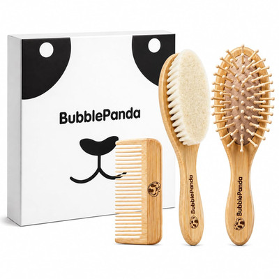 Baby Hair Brush and Comb Set   Ultra Soft Goat Hair Bristles, Natural Bamboo Bab