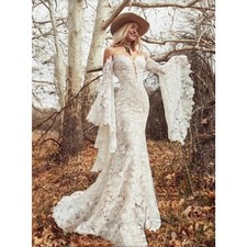 Boho Mermaid Wedding Dresses Flare Sleeves Sheer O-neck Bold Cotton Lace Gowns