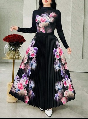 Women's Floral Print Stand Collar Long Sleeve Top And Pleated Midi Skirt 2-Piece