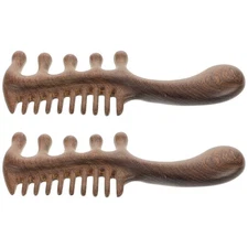 2pcs Handmade Wooden Scalp Massage Comb Wide Tooth Massager Tool Brown