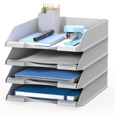 4 Pack Stackable Letter Size Paper Trays Desktop File Organizers Gray