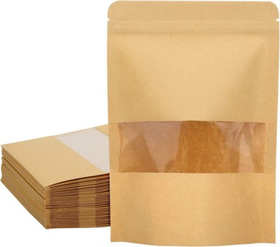 50 Pack Kraft Stand Up Zip Lock Pouch Bags, Resealable Bag with Transparent W...