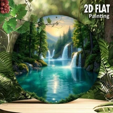 Vintage Alpine Waterfall Lake Landscape Metal Wall Art Turquoise