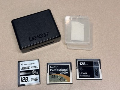 Lot of 3 128GB CFast 2.0 CompactFlash Memory Card + Reader, Lexar & Hoodman