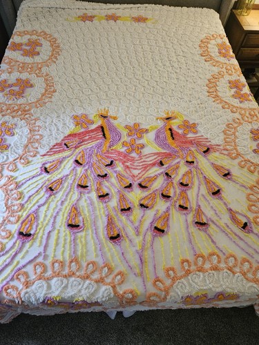 Vintage Chenille Double Peacock Full/ Queen Bedspread - 93 X 110 - Clean!