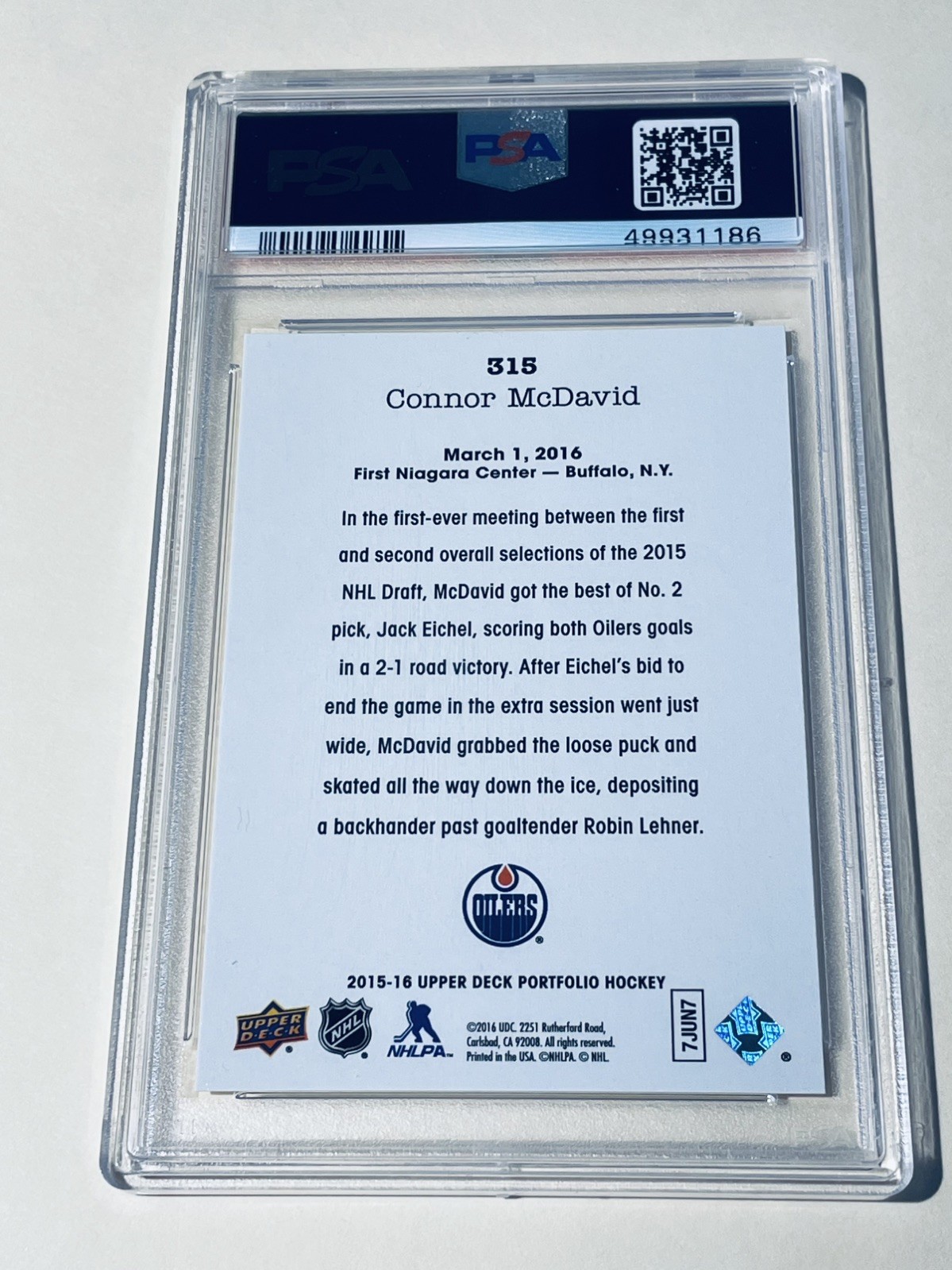 2015 U. D. Portfolio Rookie Phenom Wire Photos #315 Connor McDavid PSA 9 RC Qty view 2