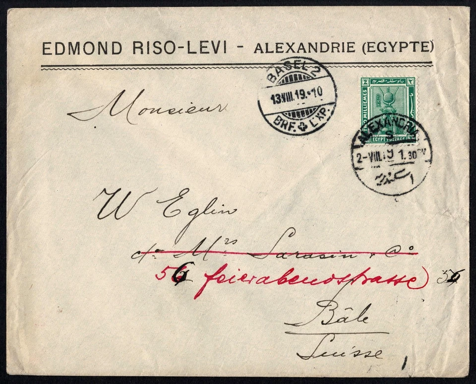 Egipto 1919 Edmond Riso-Levi cubierta comercial a Basilea Suiza Foto 2 de 3
