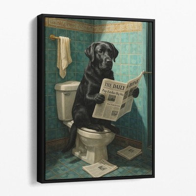 Black Lab On The Toilet Reading The Newspaper Funny Dog Canvas Wall Art Print