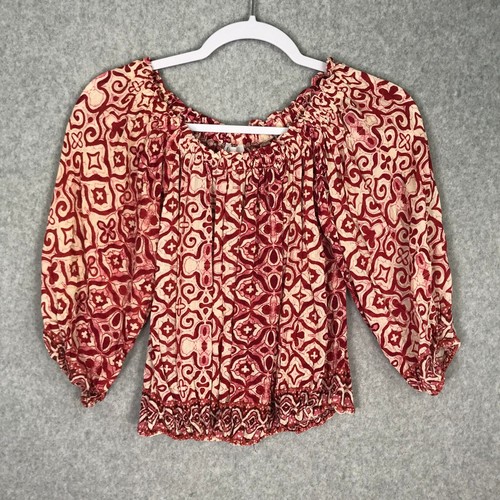 Nicole Miller Top Womens XS Red Cream Puff Boho Rodeo Cottage Flowy Resort Twee