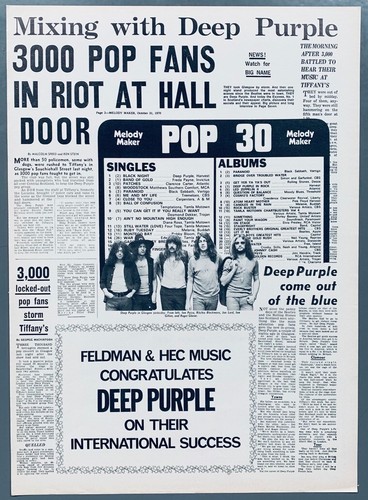 Purple Riot Poster DEEP PURPLE 1970 vintage POSTER ADVERT CONCERT GLASGOW RIOT Black Night ...
