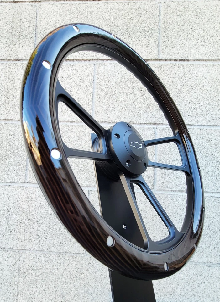 14" Black Billet Steering Wheel Real Dark Wood Burnt Pine Rivets Chevy Bowtie - Image 4 of 4