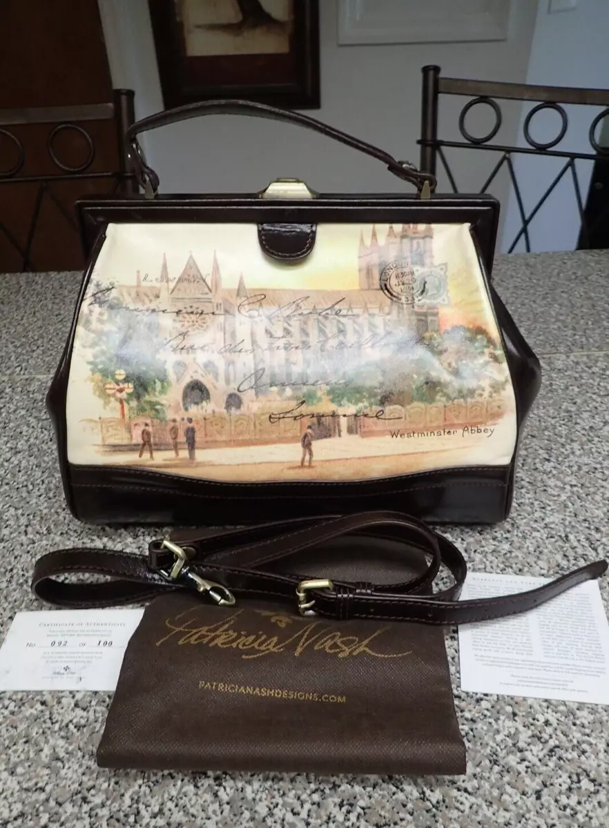 PATRICIA NASH DISCOVERY BRIANZA POSTCARD FRAME SATCHEL Westminster Abbey tobacco