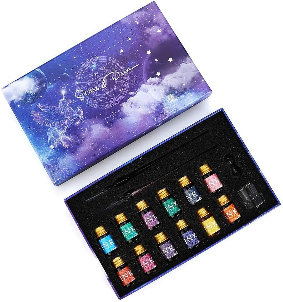 GC Glass Dip Pen Set 2 Glass Dip Pens 12 Multicoloured Ink 1 Pen