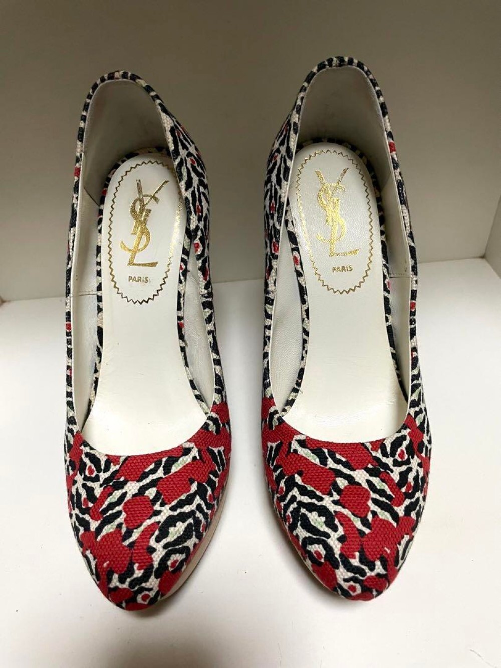 Decolte donna YSL Yves Saint Laurent stampa leopardata tela zeppa tacco taglia 35 US5