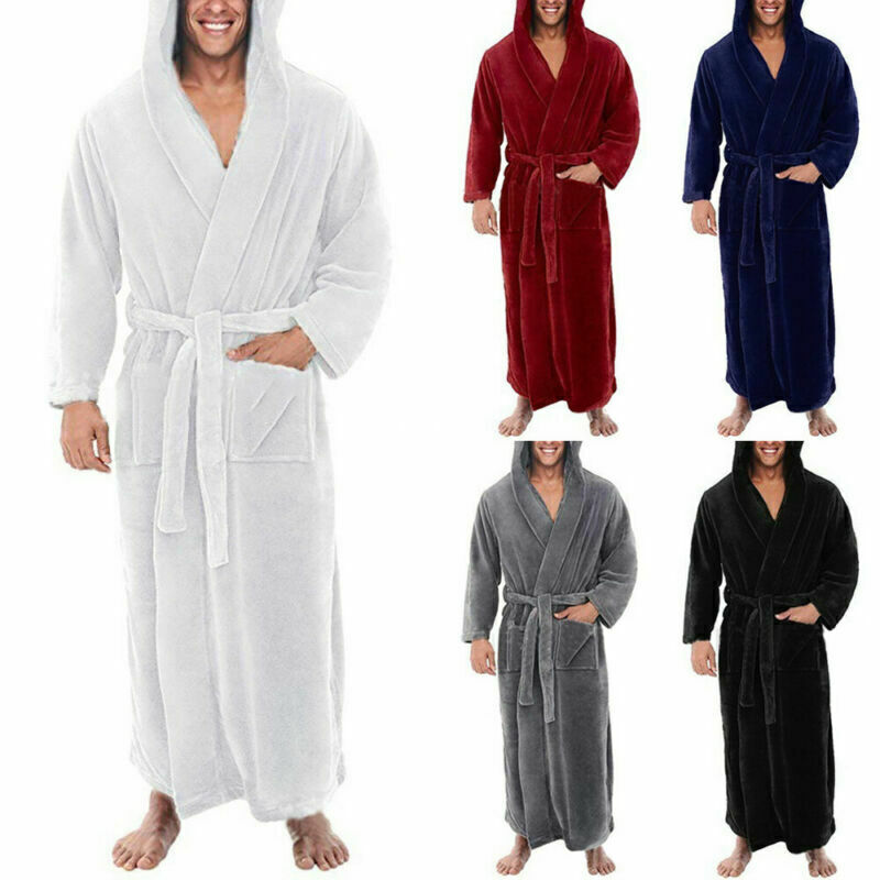 Mens Hooded Bath Robe Dressing Gown Fluffy Fleece Toweling Bathrobe
