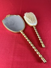 Antique Metal Mirror Brush Set Art Deco Swirl Handle Gold Tone Collector Gift