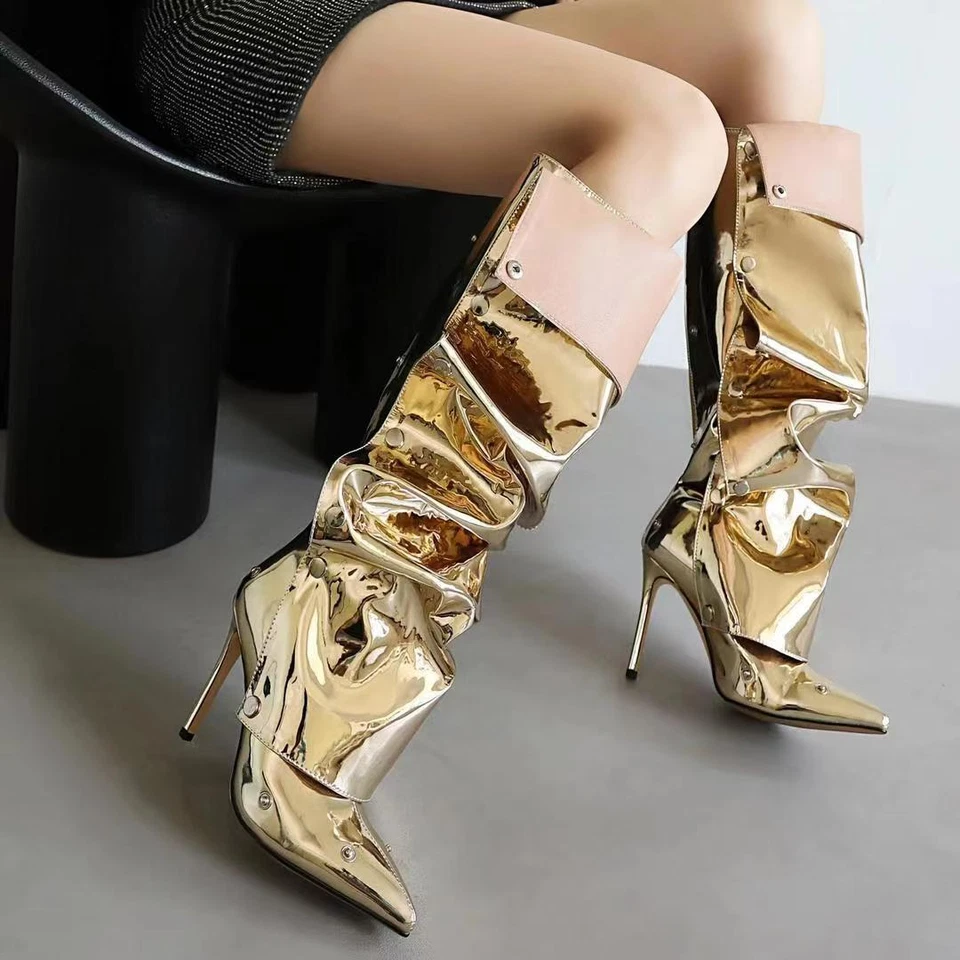 Женщин вкратце носок плиссированные сутулиться колена ботинки взлетно-посадочной полосы Clubwear шпильки каблуки - Изображение 4 из 4