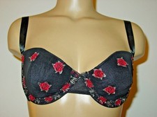 Women's Fredericks of Hollywood Bra Black Red Floral Rose Embroidery-L-NEW