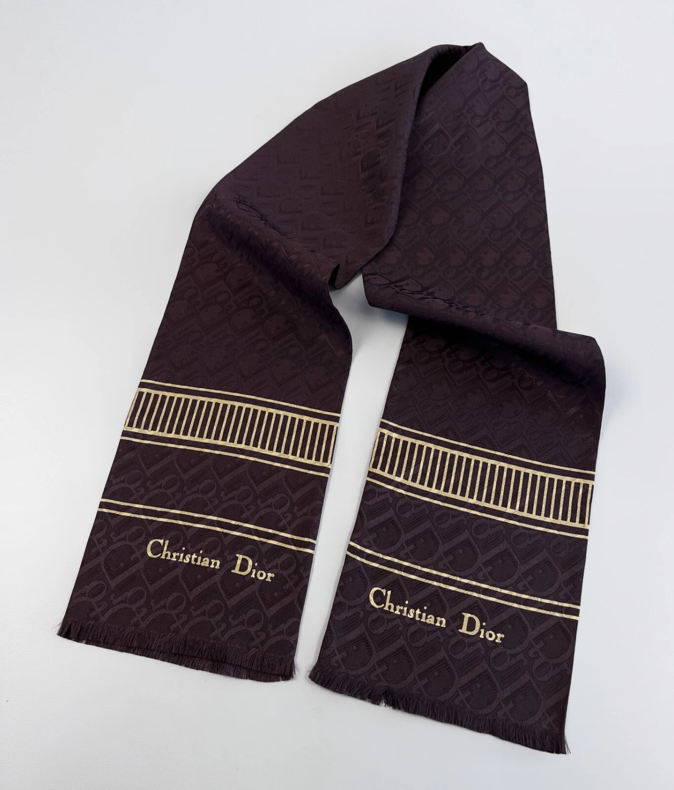 Rare Vintage 80's CHRISTIAN DIOR Logo Monogram Double Layered Silk Scarf Brown