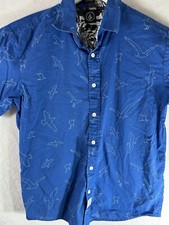 Paradise Button Up Aloha Shirt Mens Small Blue Birds Cotton w/Free shipping