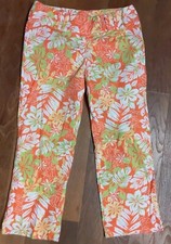 Vintage 90s Y2K Tropical Floral Stretch Capri Pants Size 9 Juniors Orange Tiki