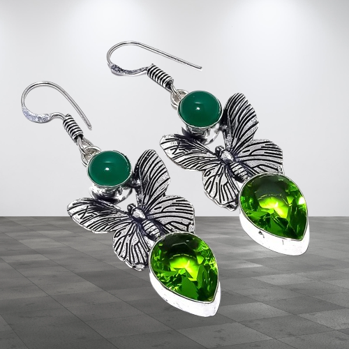 Peridot, Green Onyx Gemstone 925 Sterling Silver Earring 2.2" C130 - Picture 2 of 7