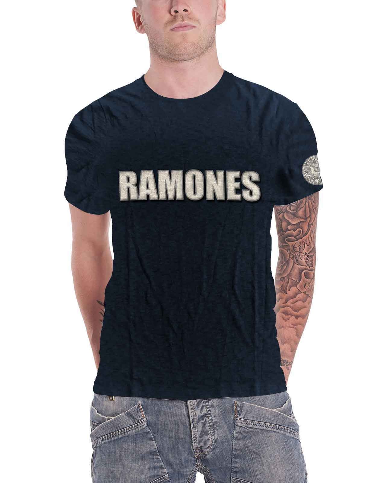 Ramones Band Logo T-Shirt with Presidential Seal Applique in Navy Blue for Men