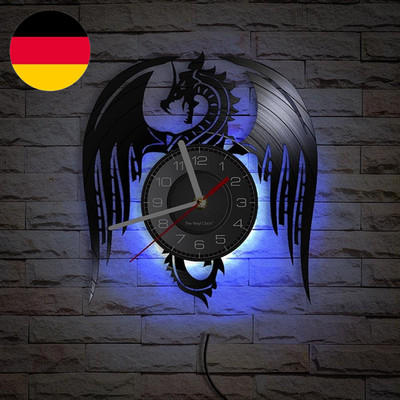 Vinyl Wanduhr, Mythical Beast Flying Dragon Theme Silent Wall Clock with LED Nig