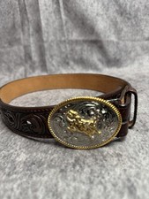Western Genuine Leather Belt Size 32 3D Bull Buckle Brown Tooled Snap On Women
