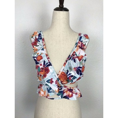 Verano Playa Swim Women L Bikini Top Ruffled Swimsuit Floral Swimwear