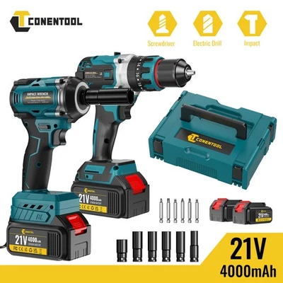 CONENTOOL 520Nm Impact Wrench +120Nm Cordless Drill Impact Combi Drill 4.0Ah 2*Battery Kit