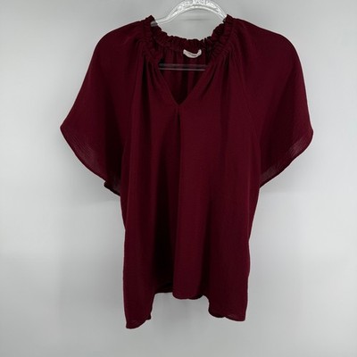 CE SOME Burgundy Textured V Neck Flutter Sleeve Gathered Neck Top Womens M