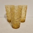 3 Vintage Anchor Hocking Lido Milano Amber Gold Crinkle Glass Tumblers 5.5" Tall