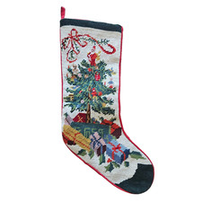 Vintage Needlepoint Christmas Stocking Christmas Tree with Gifts 16"