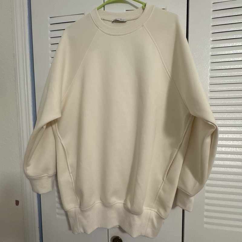 Zara Women’s Cream Solid Crew Neck Pullover Sweatshirt Raglan Long Sleeve S