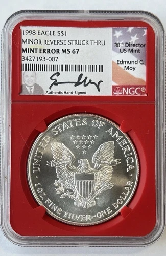 1998 Reverse Struck Thru NGC MS67 American Silver Eagle Mint Error Edmund C Moy