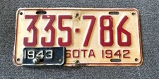RARE 1942 WITH 1943 TAB MINNESOTA LICENSE PLATE ALL ORIGINAL PAINT ON BOTH