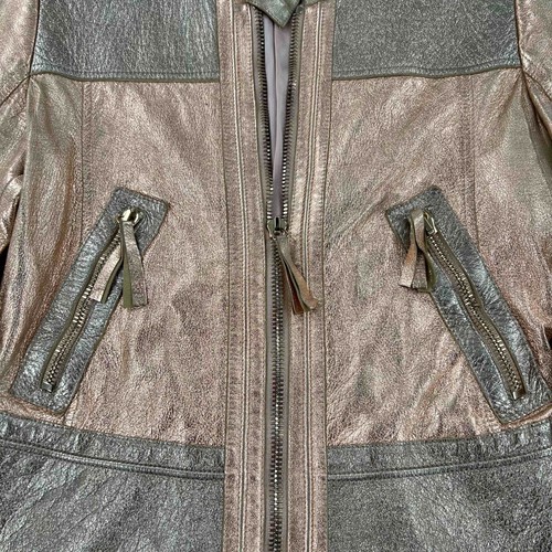 Chaqueta de cuero dorada con bolsillos Roberto Cavalli para mujer Rockstar cremallera completa talla 40 - Imagen 4 de 9