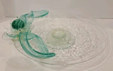 Hand Blown Crackle Glass Pedestal Plate With Hand Blown Glass Flowers Applied