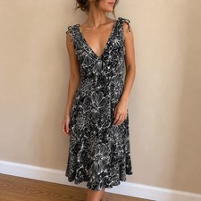 Maggy L Black White Floral Dress Tie Shoulder 14W Retro Chic