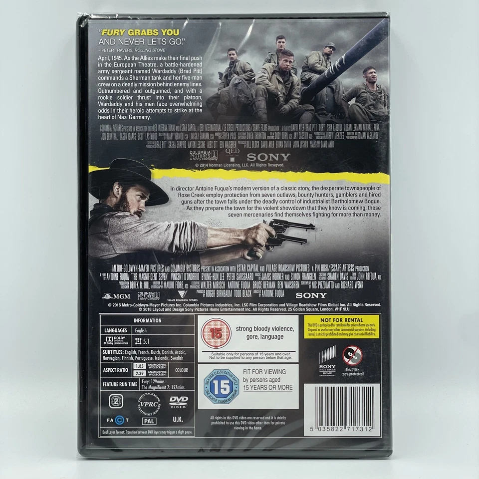 The Magnificent Seven / Fury [DVD] 2 Film Set • Bradd Pitt, Chris Pratt • Sealed - Image 2 of 4
