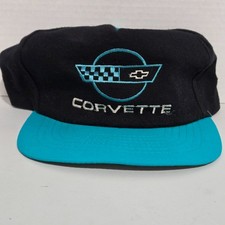 Chevrolet Corvette Mens Cap Hat OS Black Aqua Blue Snapback Embroidered Logo VTG