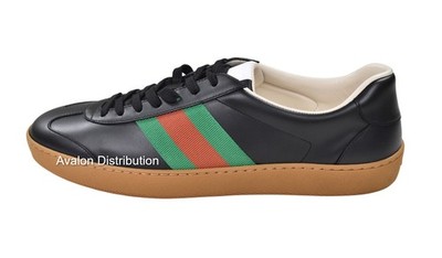 Authentic Men's Gucci Black Leather  G74 Web Tennis Sneakers 858981 New