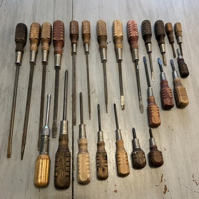Vtg Irwin 800 Mac Wooden Handle Flat Philips Head Screwdrivers Stubby Lot 20+